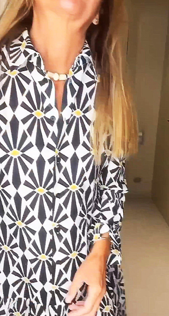 Black and White Print Long Sleeves Midi Dress