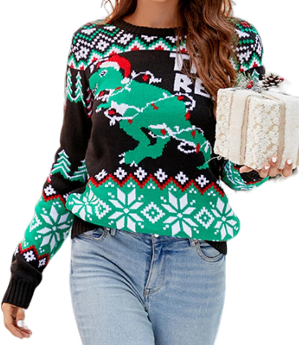 Cartoon Print Knitted Crew Neck Ugly Christmas Sweater