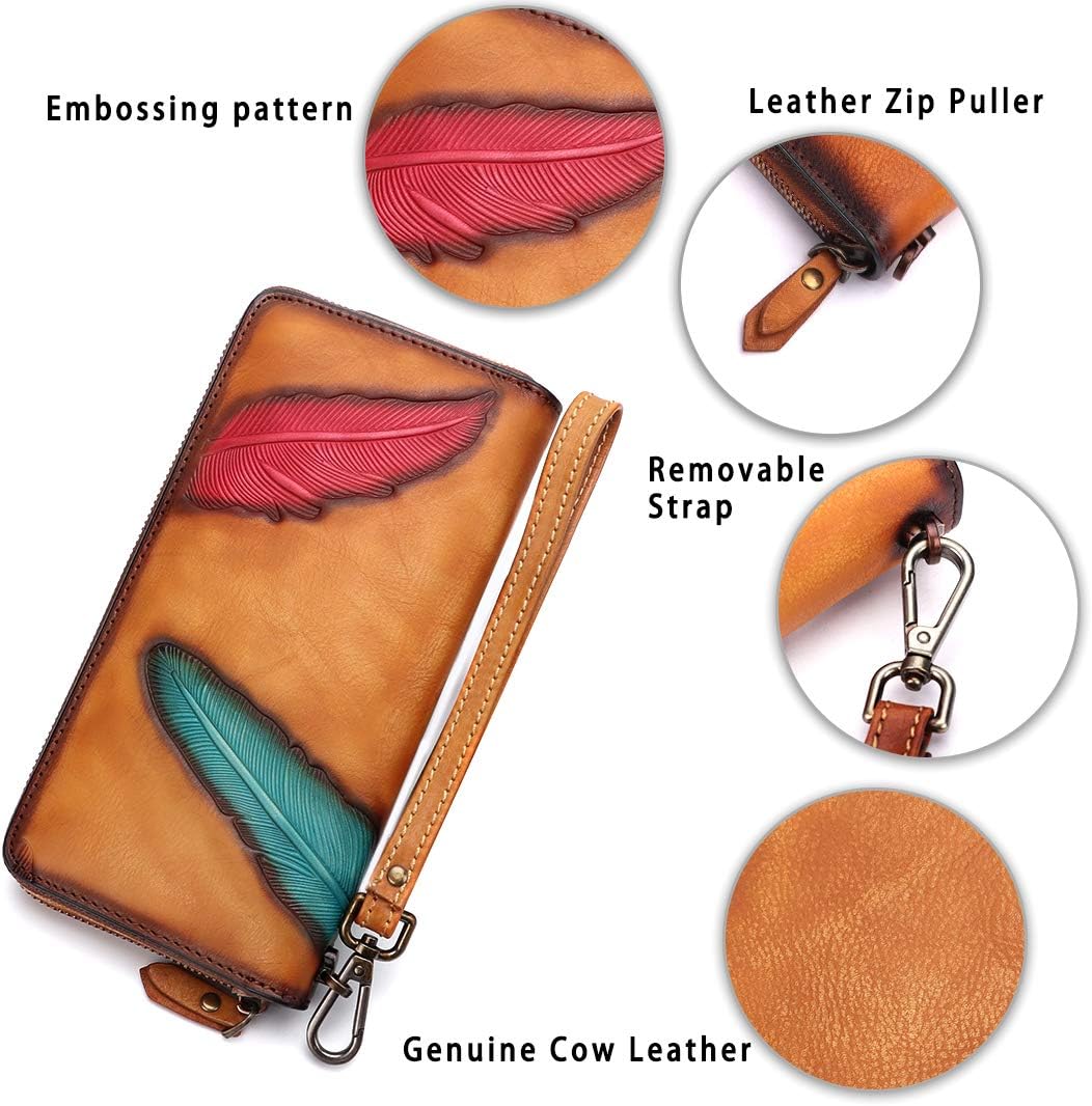 Women's Wallet Genuine Leather Zip Around Wristlet Long Purse Unique Embossed Handmade Clutch