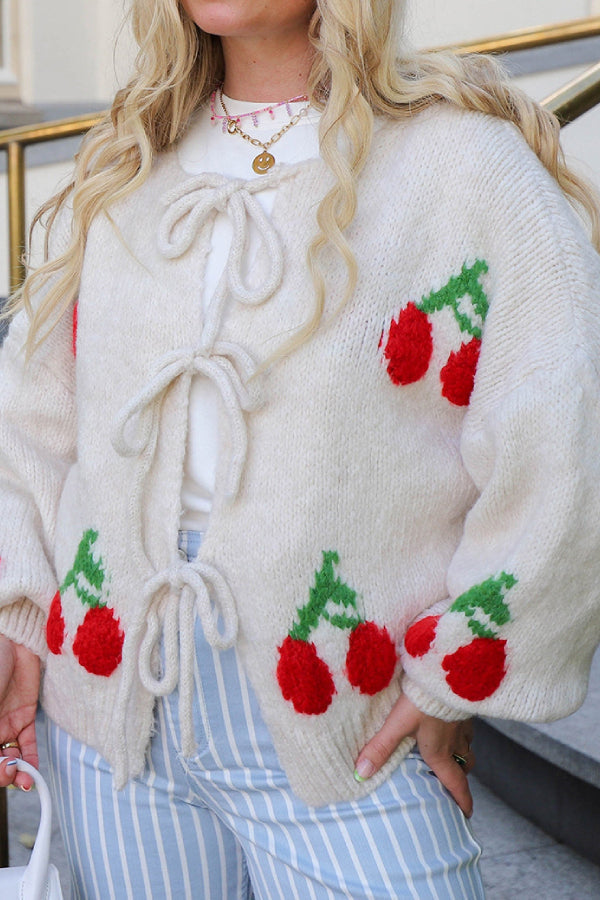 Cherry Embroidered Tied Up Cardigan Sweater