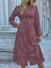 Load image into Gallery viewer, High Waisted Buttoned Leopard V-Neck Long Sleeve Midi Dress
