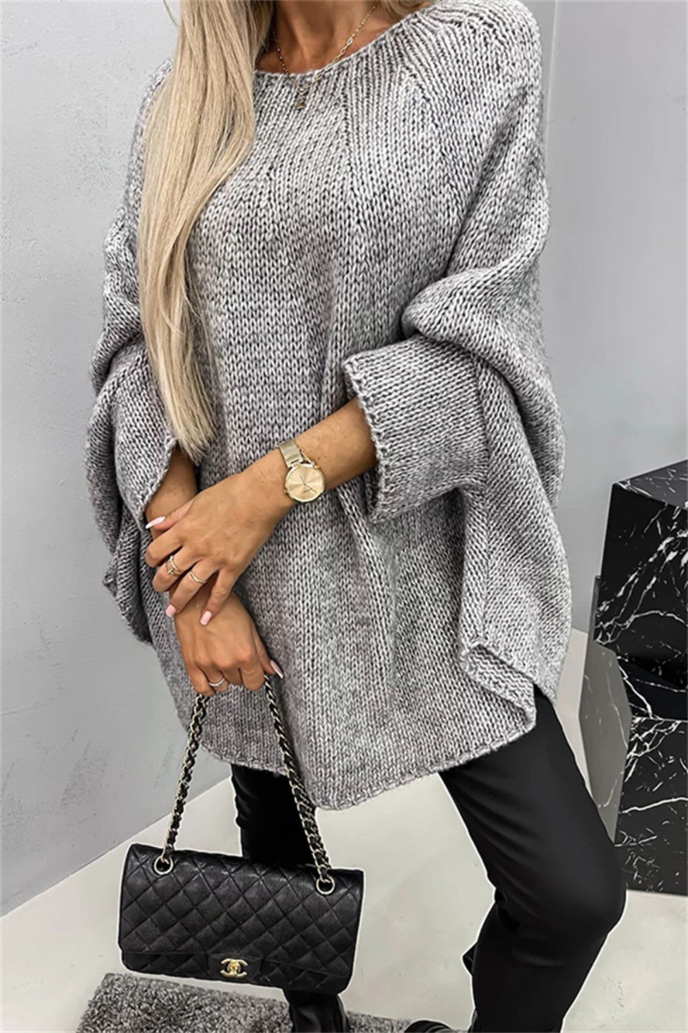 Casual Knit Crew Neck Poncho Loose Sweater