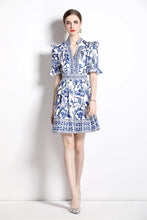 Load image into Gallery viewer, Elegant Button Up Short Puff Sleeve V-Neck Floral Print Split Casual Mini Dress
