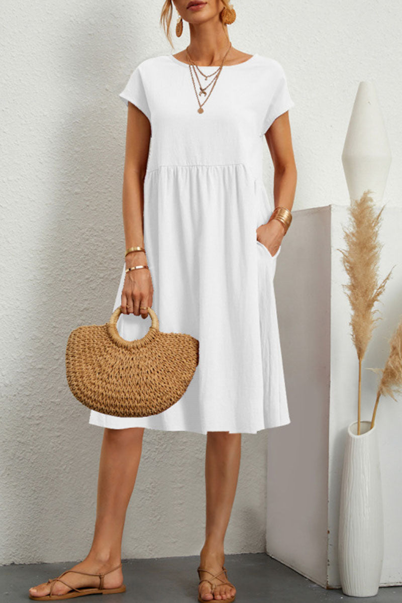Casual Round Neck Short Sleeve A Line Pockets Midi Dress