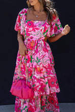 Load image into Gallery viewer, Pink Floral Squared Neck Tied Midi Dress
