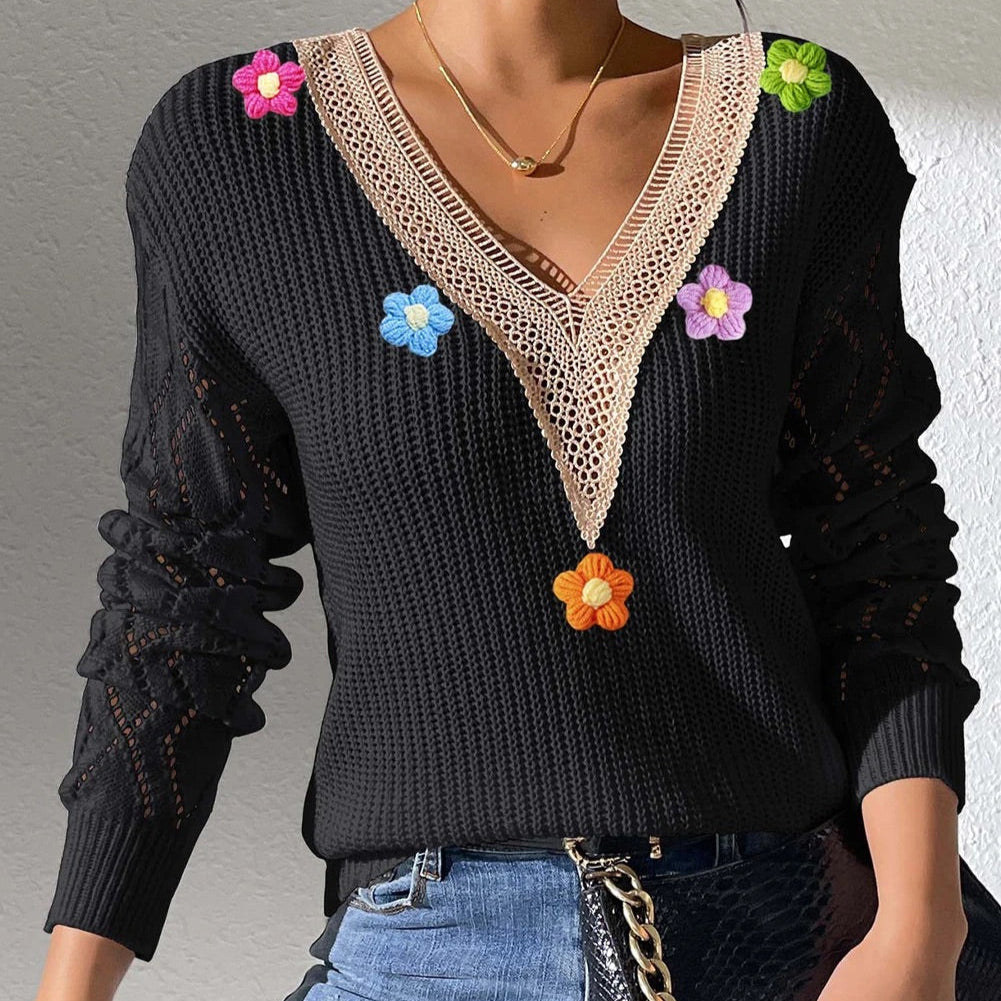Black Crochet Flower V Neck Pullover Sweater