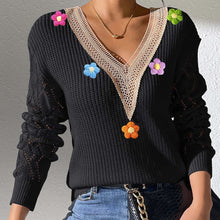 Load image into Gallery viewer, Black Crochet Flower V Neck Pullover Sweater
