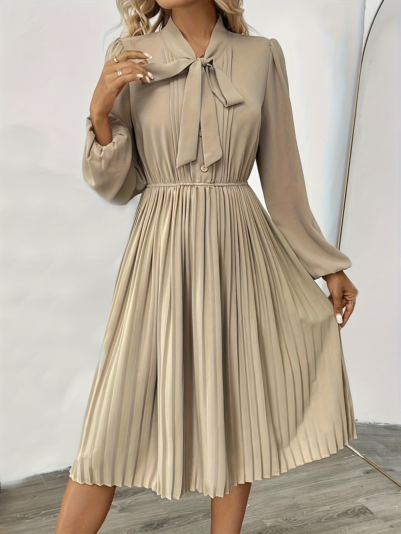 Elegant Beige Tie Neck Pleated Long Sleeve Midi Dress