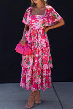 Load image into Gallery viewer, Pink Floral Squared Neck Tied Midi Dress
