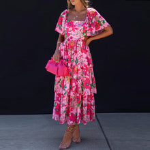 Load image into Gallery viewer, Pink Floral Squared Neck Tied Midi Dress

