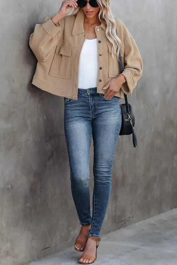 Classic Waffle Cardigan Short Top Jacket