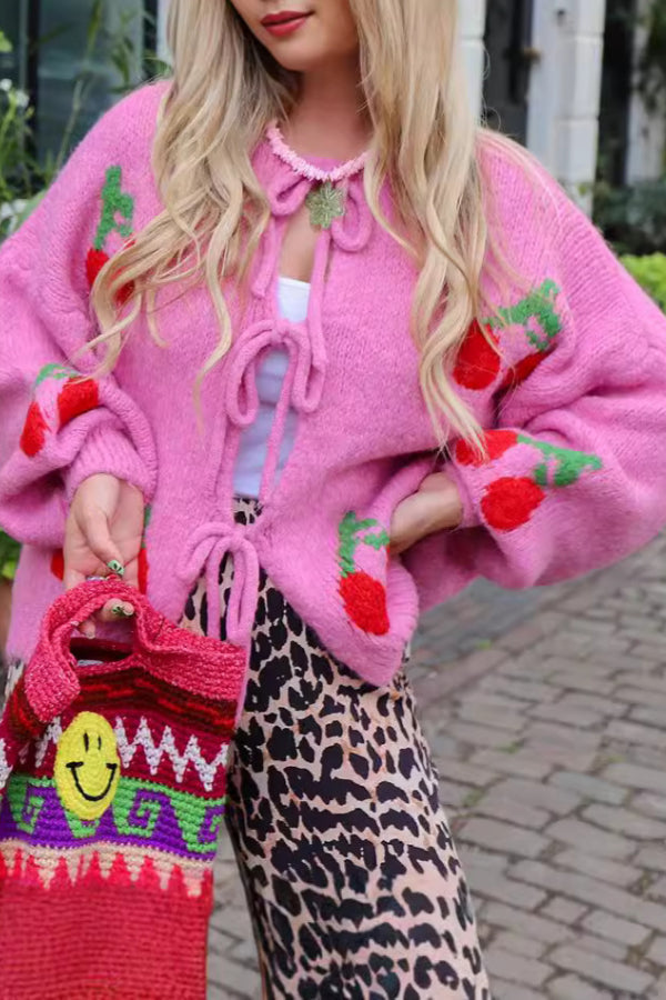 Cherry Embroidered Tied Up Cardigan Sweater