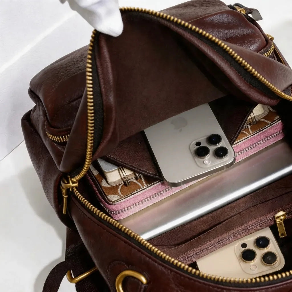 Coffee Top Grain Convertible Leather Backpack