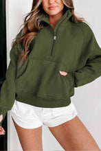 Load image into Gallery viewer, Green Zip Up Stand Collar Ribbed Thumbhole Sleeve Sweatshirt

