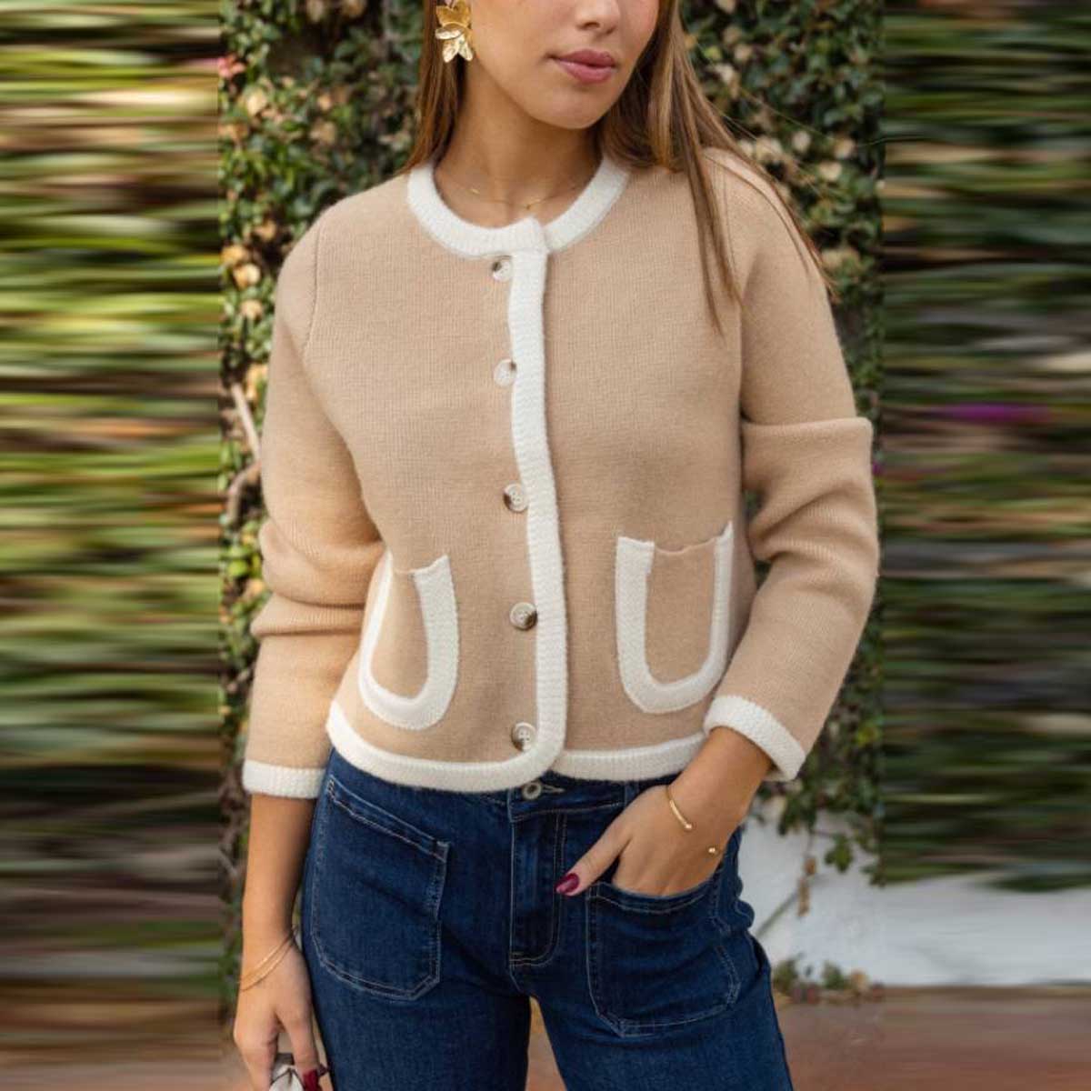 Casual Beige Pockets Color Block Cardigan