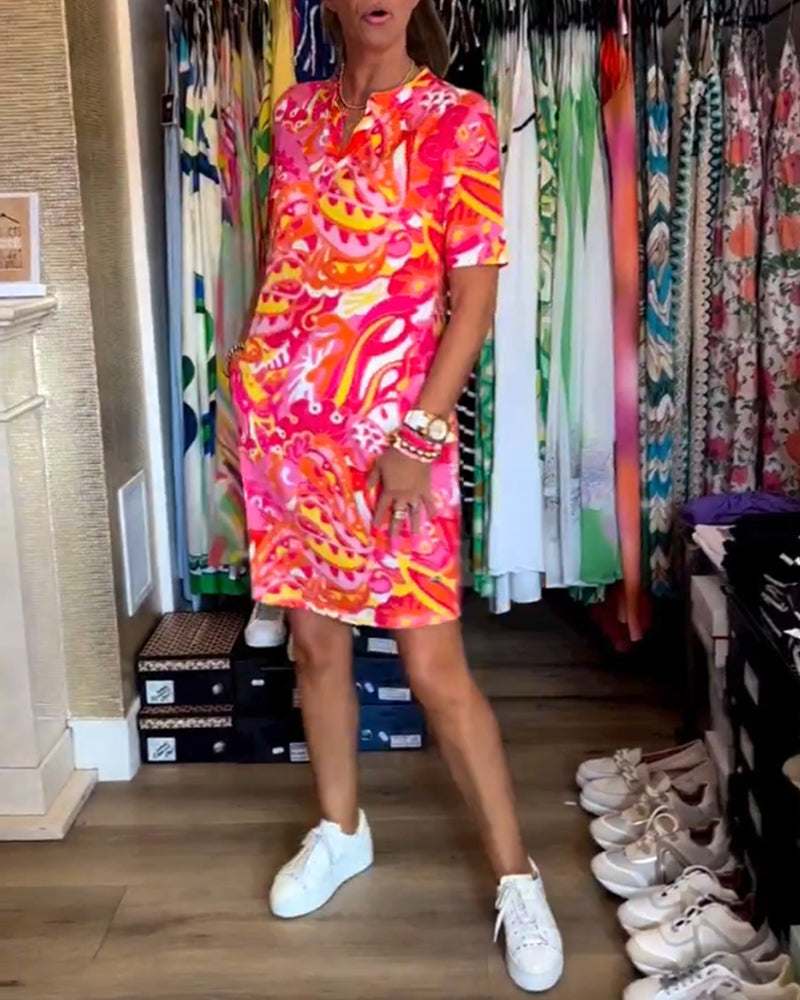 Pink Print Short Sleeve Mini Dress