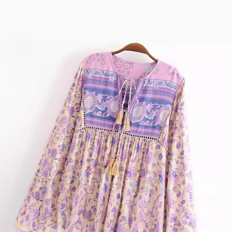 Boho Floral Print Long Sleeve Loose Maxi Dress