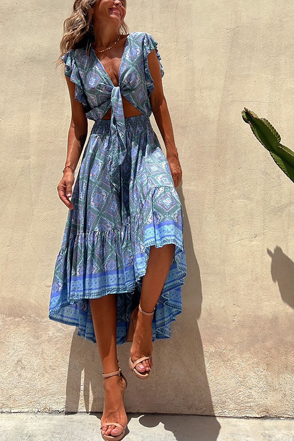 Hippie Boho Printed Tie Front Ruffle Sleeve Smocked Midi Dress
