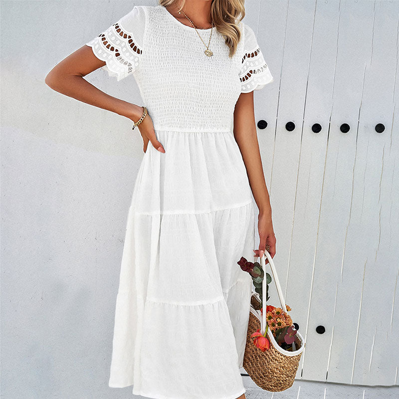 Elegant Round Neck Short Smocked Tiered Midi Dress