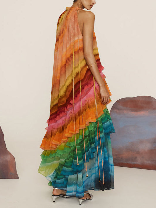 Chic Sleeveless Colorful Ruffled Maxi Dress
