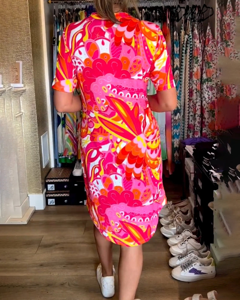 Pink Print Short Sleeve Mini Dress