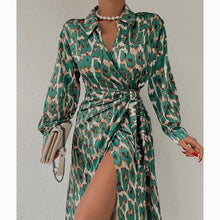 Load image into Gallery viewer, Leopard Print Long Sleeves Ruched Wrap Split Front Midi Dress
