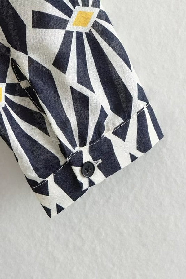 Black and White Print Long Sleeves Midi Dress