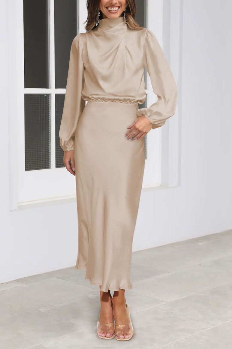 Chic Satin Long Sleeve Midi Party Dress