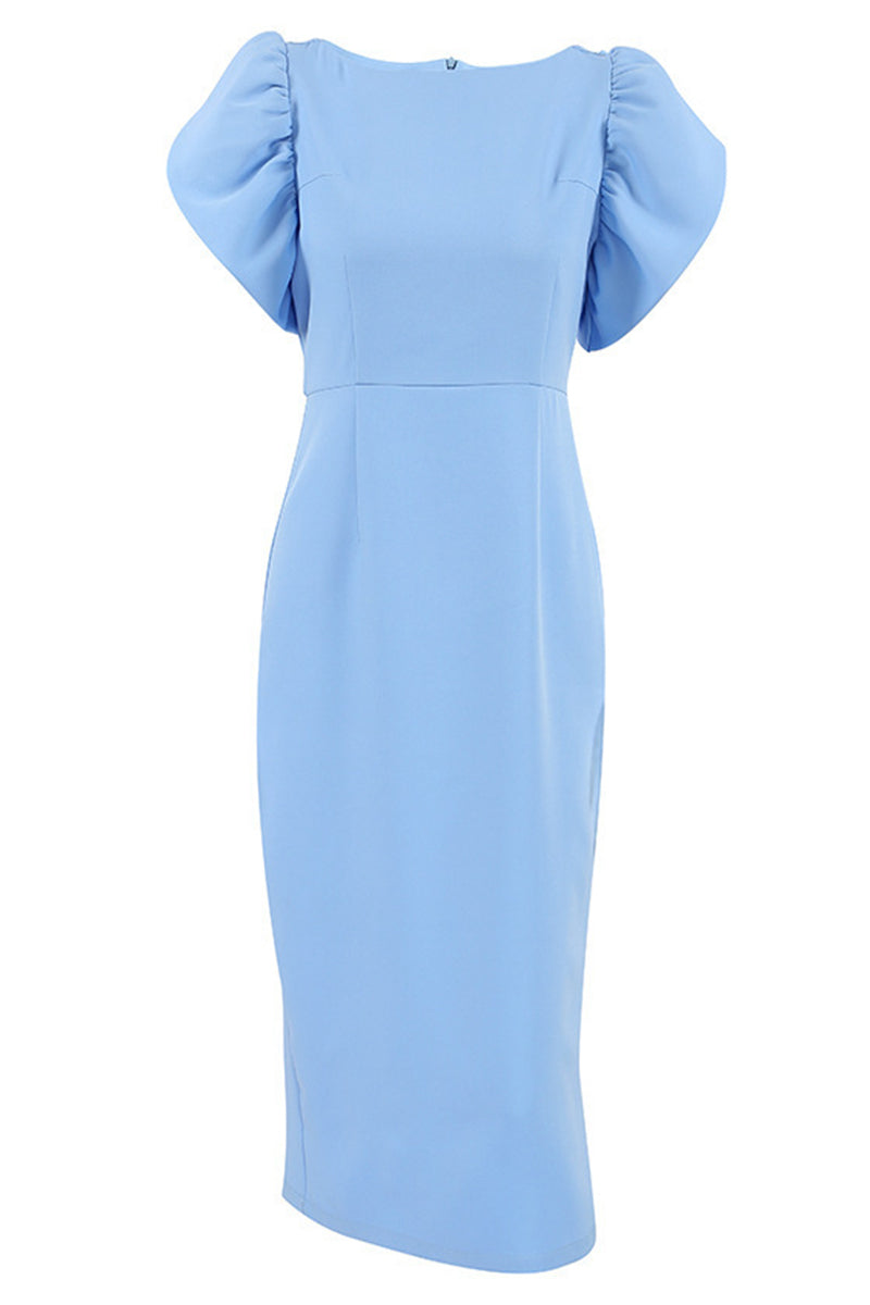 Elegant Blue Flounce Slit Back Midi Dress