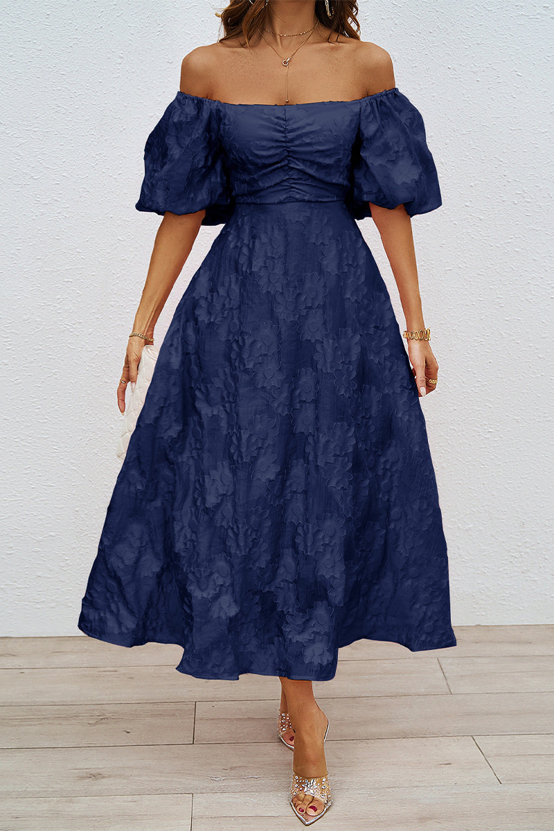 Navy Off Shoulder Ball Gown Midi Dress