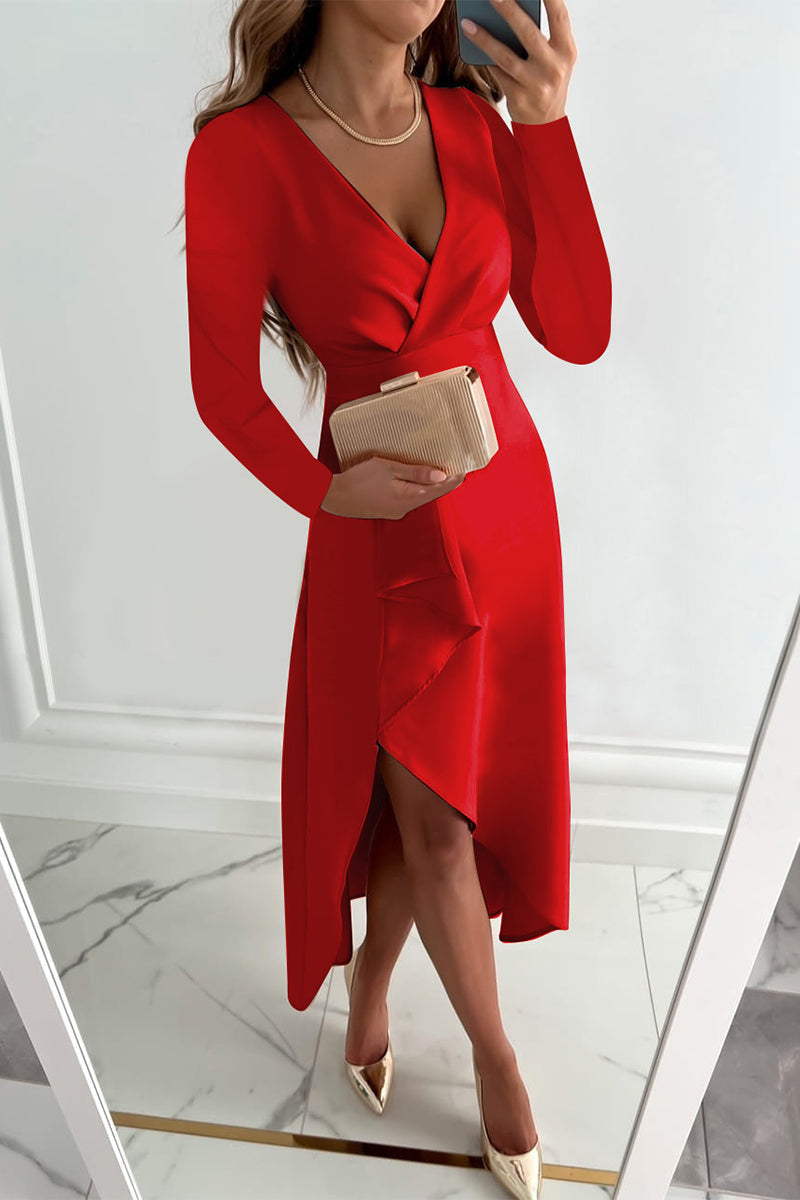 Fashion V Neck Long Sleeves Asymmetrical Midi Dress