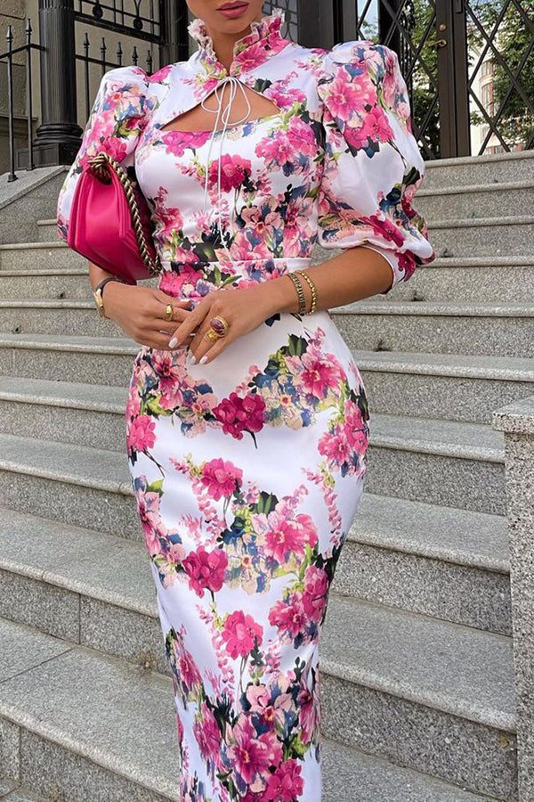 Short Sleeve Floral Stand Collar Bodycon Midi Dress