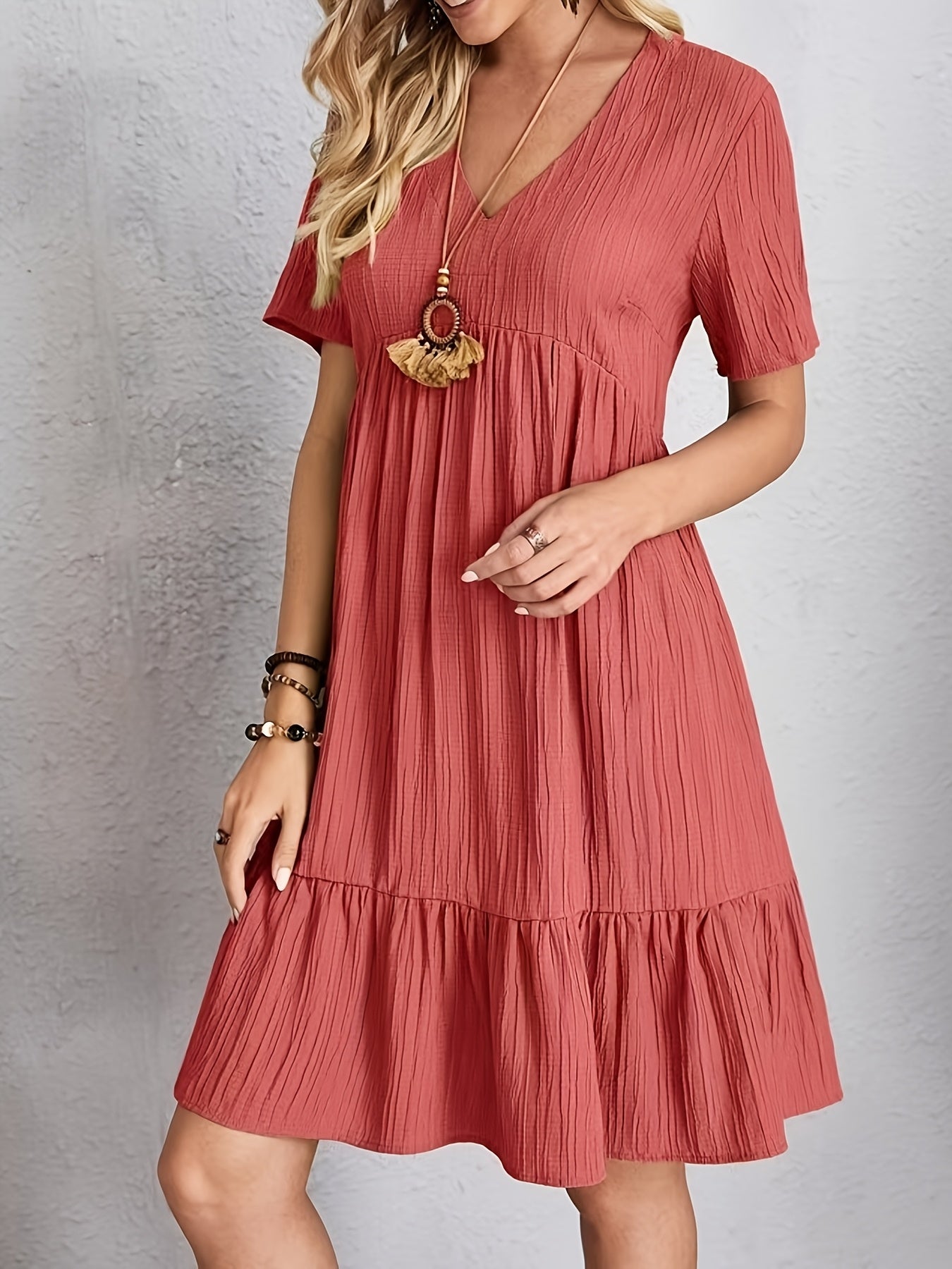 Elegant Casual Short Sleeve V-Neck Tiered Midi Dress