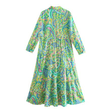 Load image into Gallery viewer, Green Print Long Sleeve Button Down Midi Dress
