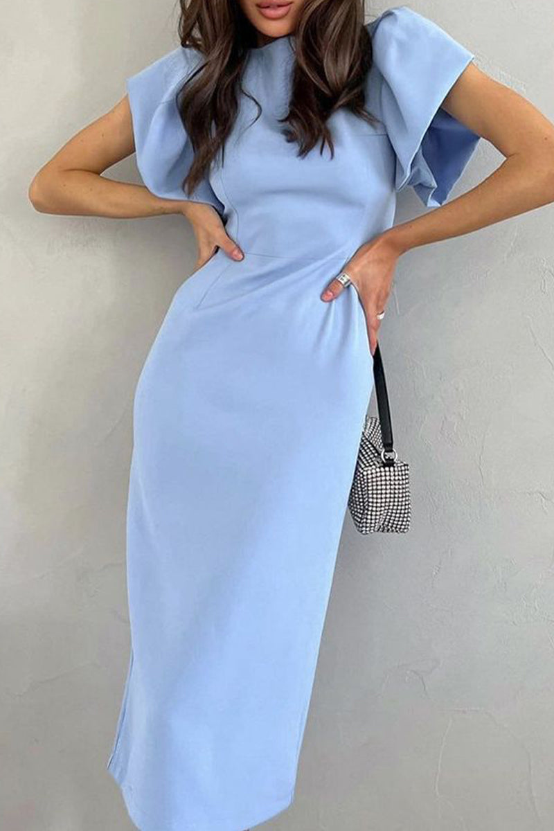 Cute Elegant Solid Flounce Slit Round Neck Wrapped Midi Dress