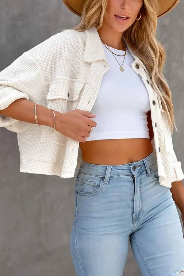 Classic Waffle Cardigan Short Top Jacket