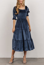 Load image into Gallery viewer, Gold Velvet Squared Neck Ruffles High Waist Smocked Tiered Midi Dress
