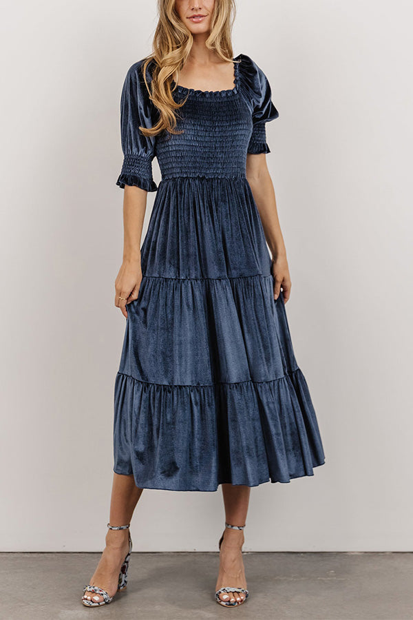 Gold Velvet Squared Neck Ruffles High Waist Smocked Tiered Midi Dress