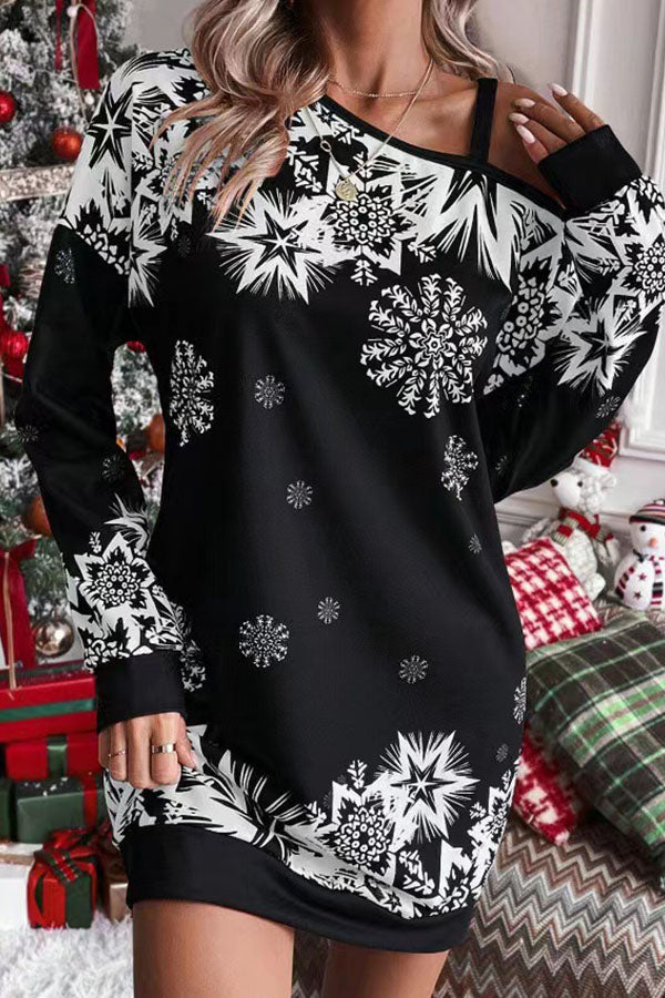 Christmas Snowflake Cold Shoulder Loose Sweatshirt Mini Dress