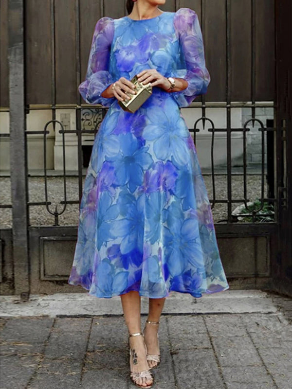 Elegant Floral Long Sleeves Gauze Midi Dress
