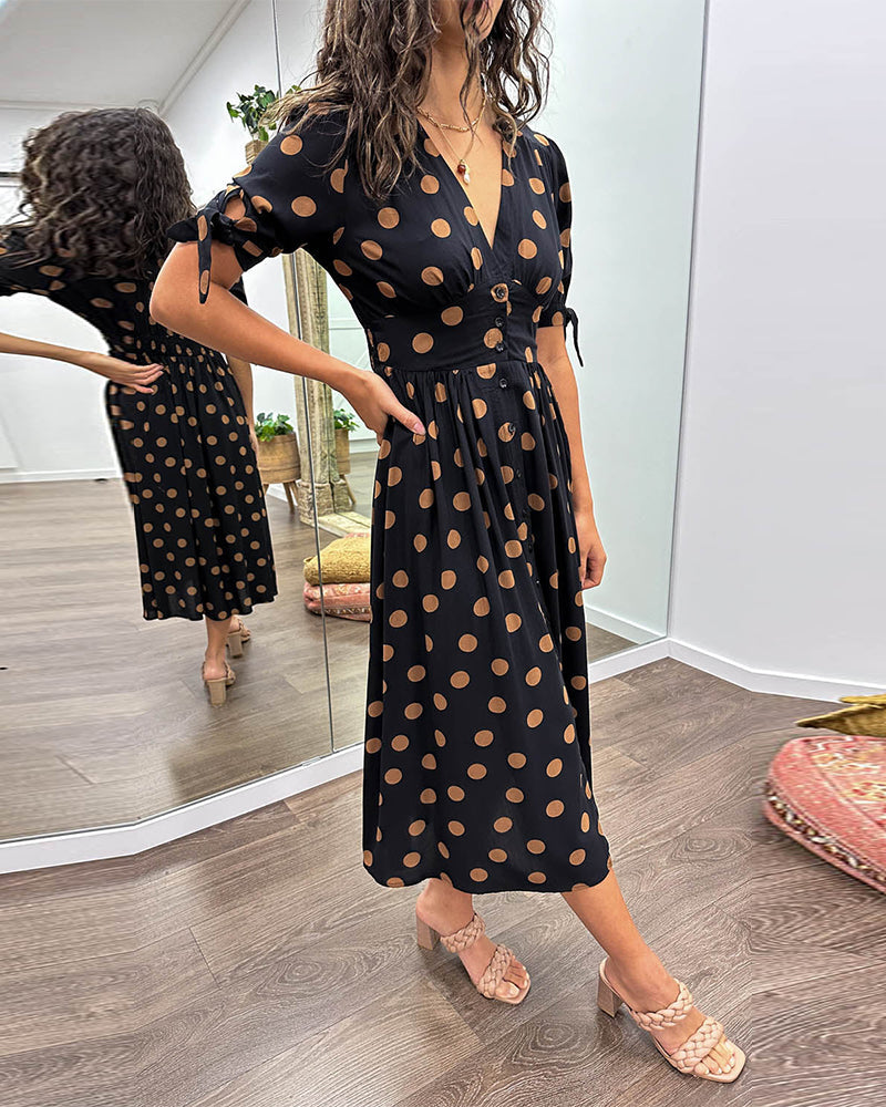 Black Dots Print Short Sleeve Midi Dress