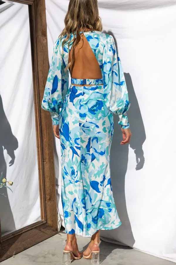 Chic Bouquet Floral Long Sleeves Hollow Out Midi Dress
