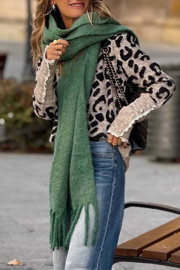 Elegant Leopard Lace Trimme Sweater