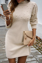 Load image into Gallery viewer, Beige Pearl Beaded High Neck Bodycon Sweater Dress
