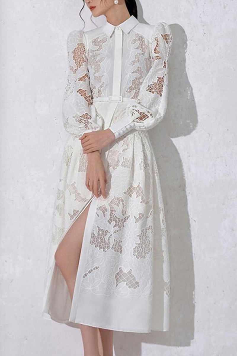 White Elegant Embroidered Hollowed Out Buttons Down Midi Dress