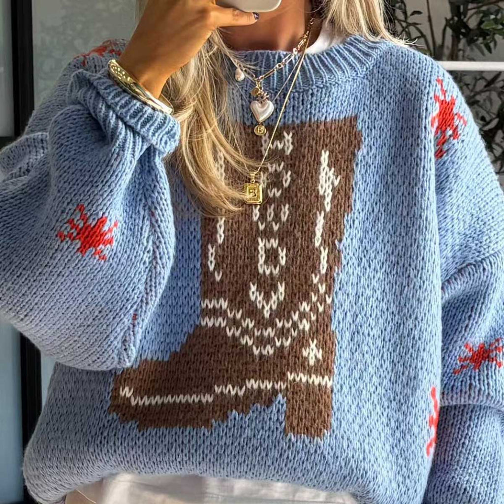 Christmas Boot Pattern Round Neck Dropped Shoulder Sweater