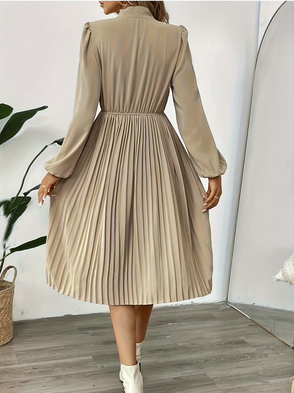 Elegant Beige Tie Neck Pleated Long Sleeve Midi Dress
