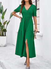 Load image into Gallery viewer, Green V-neck Short Sleeves Slit Side Tiered Midi Dress

