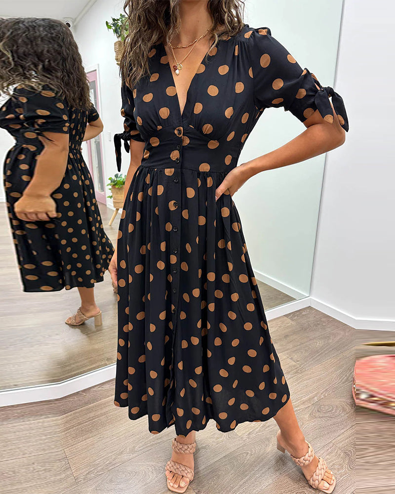 Black Dots Print Short Sleeve Midi Dress