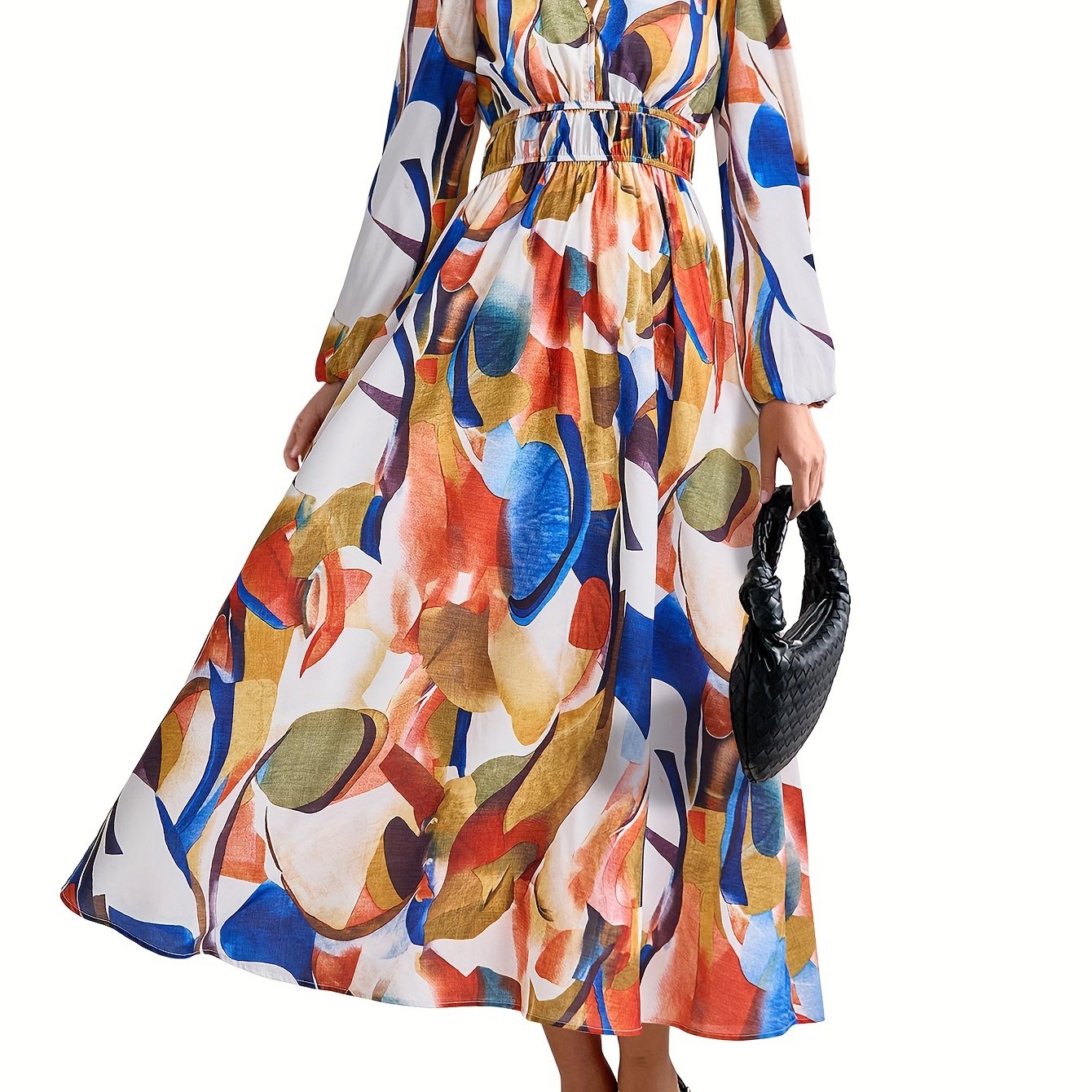 Casual Floral V Neck Long Sleeve Dress